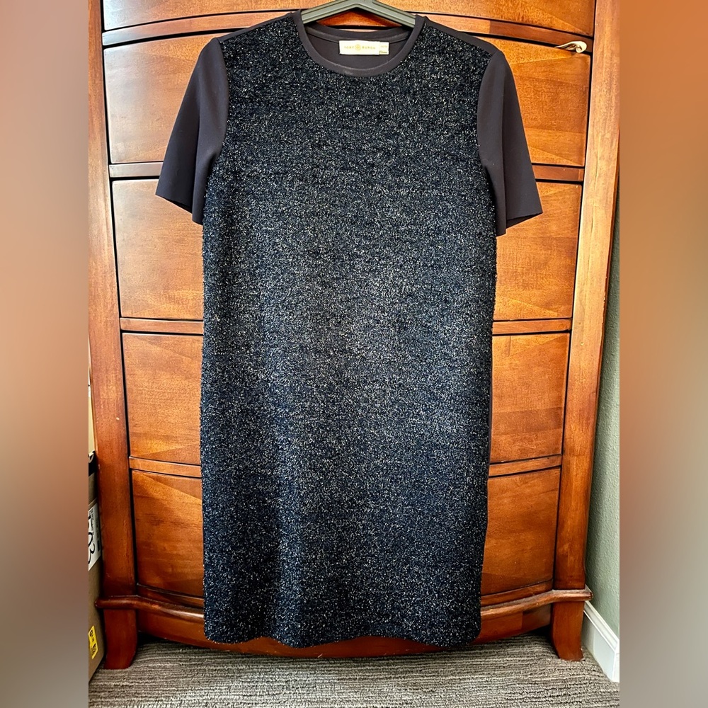 Tory Burch Tinsel Shift Dress in Navy/Black XS